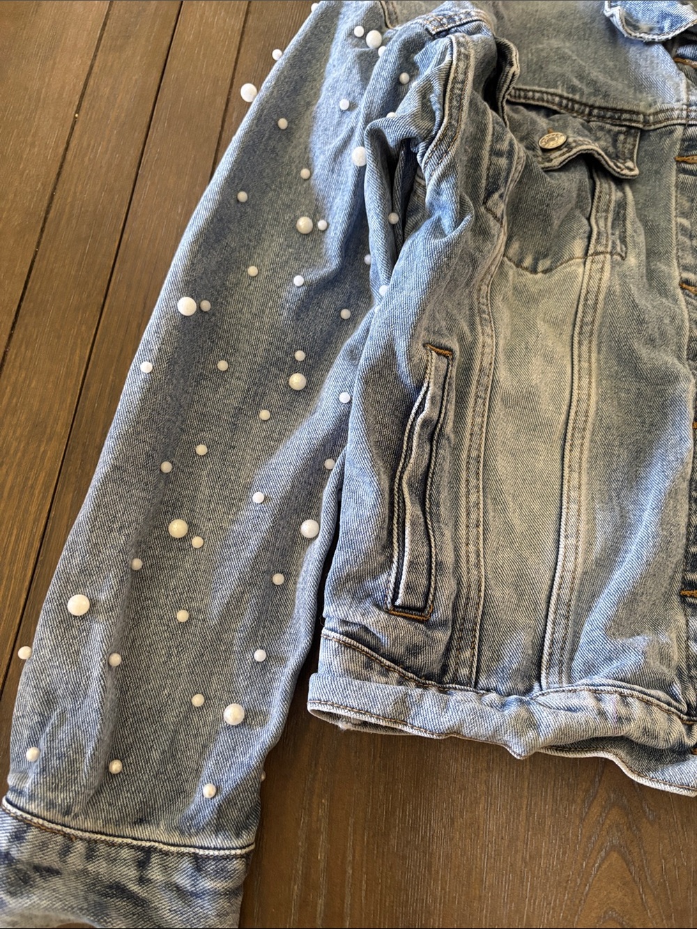 Pink Lily Light Wash Denim Jacket with Pearl Embellishments